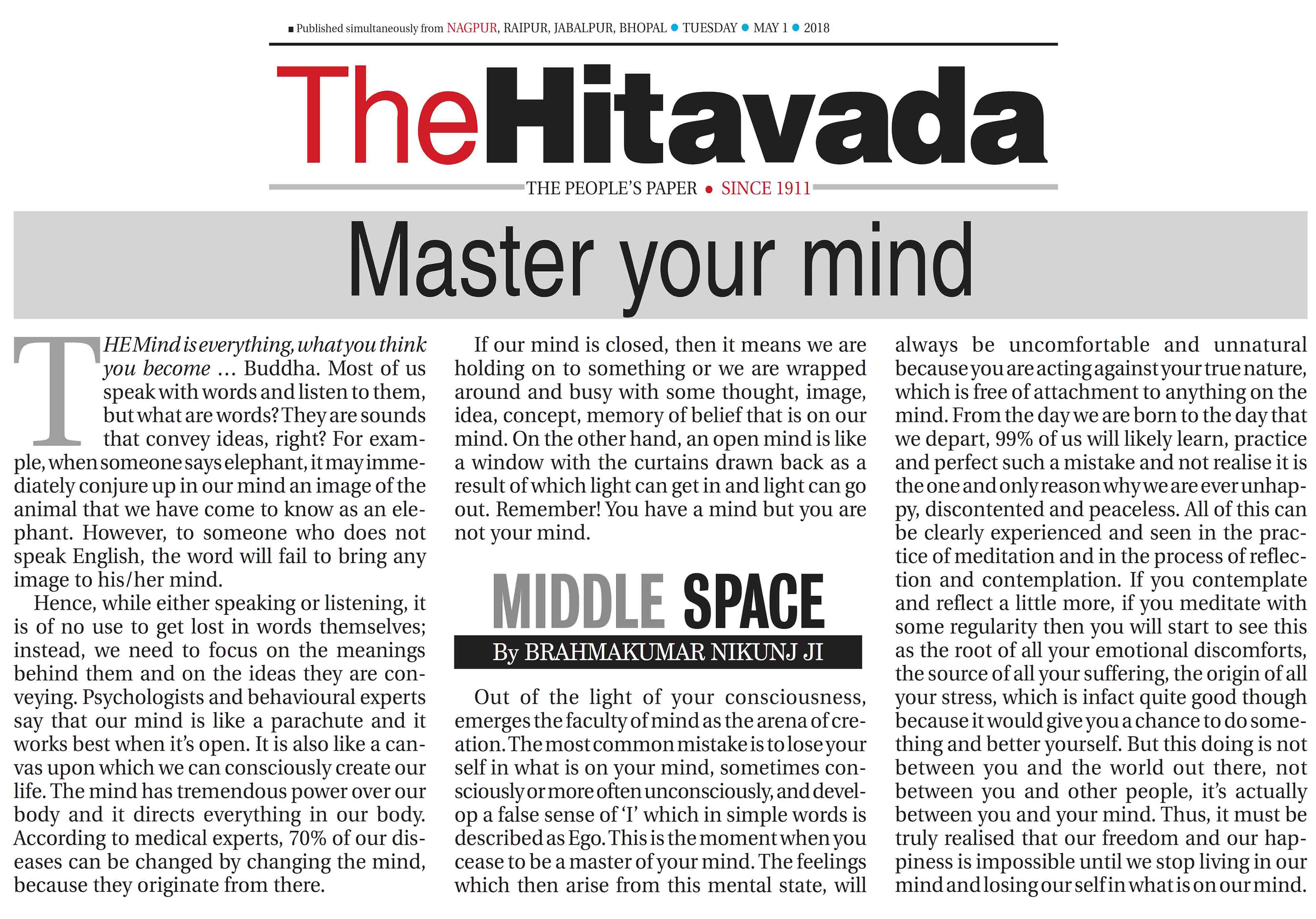 Master your Mind The Hitavada 1st May 2018