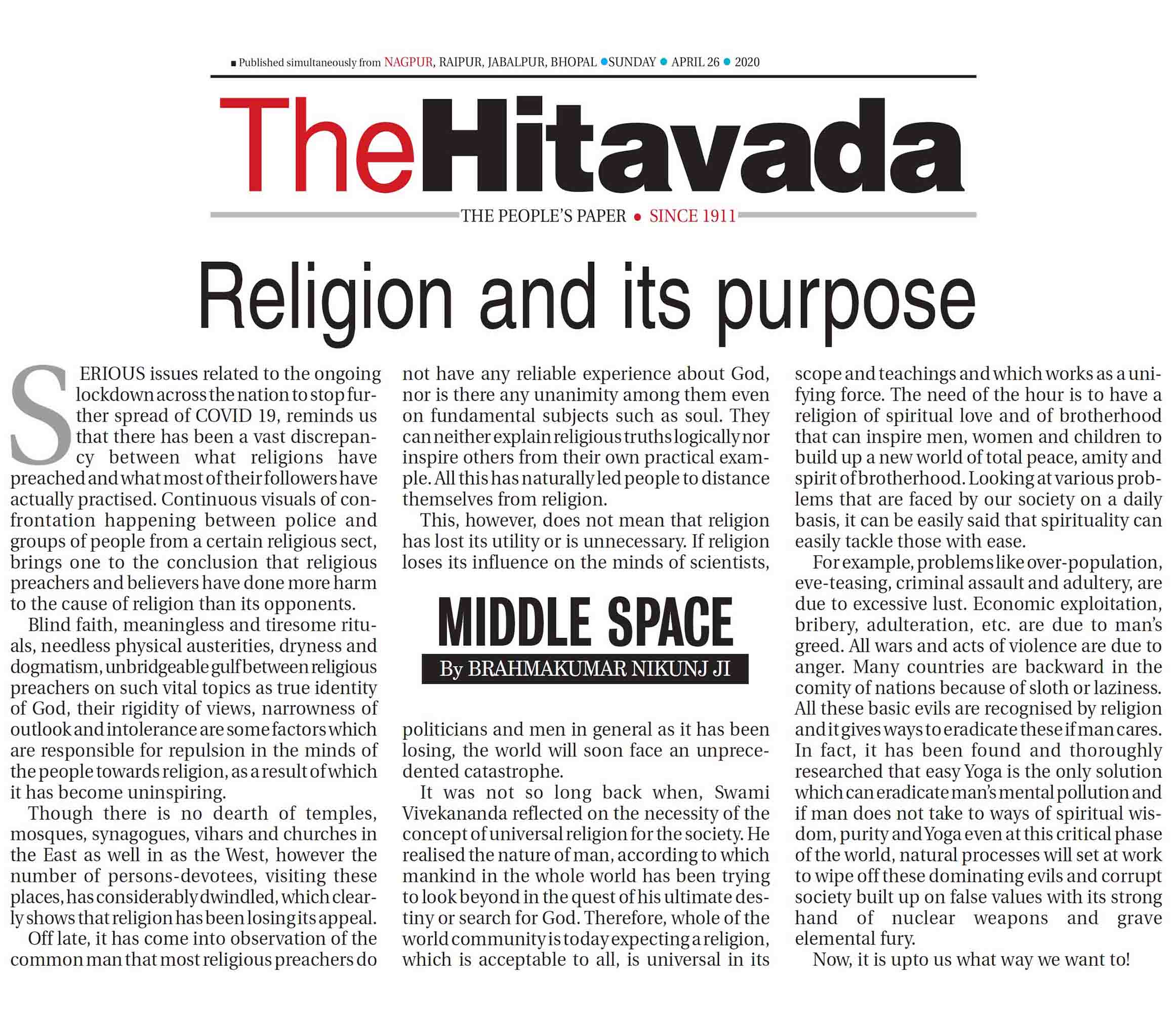 The Hitavada 26. April 2020